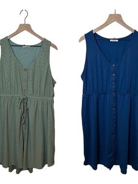 2 EUC Green and Blue Button Plus Size Summer Sleeveless Dresses Size 1X (US 18)